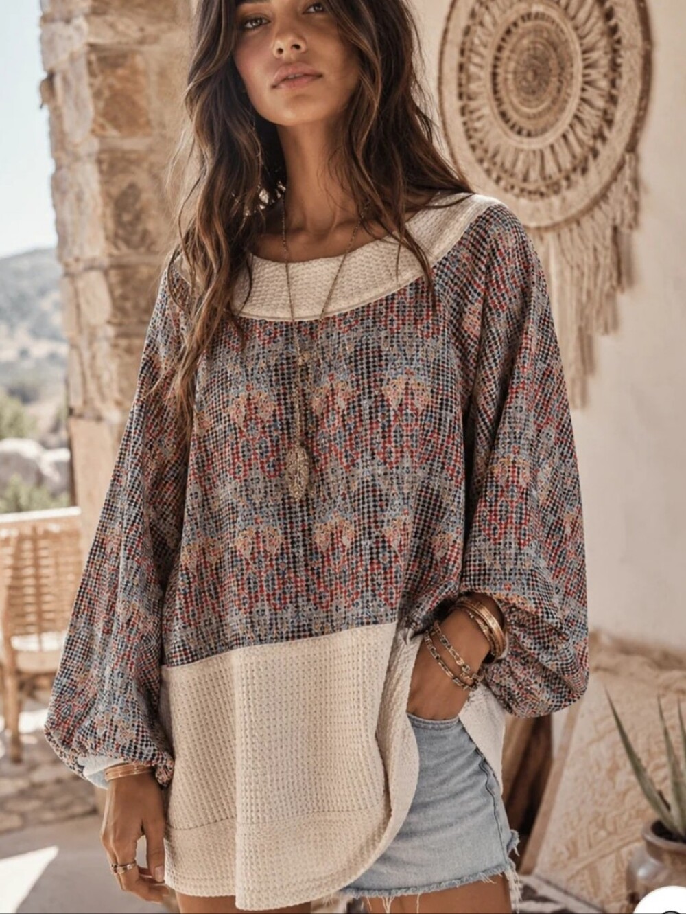 Ces Femme Cream Waffle-Hem Floral Knit Pullover